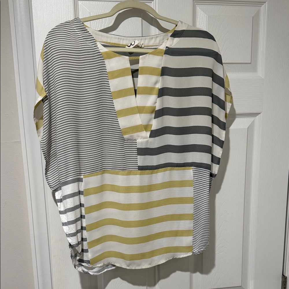 Anthropologie V-Neck Patchwork Top in White, Gray & Olive